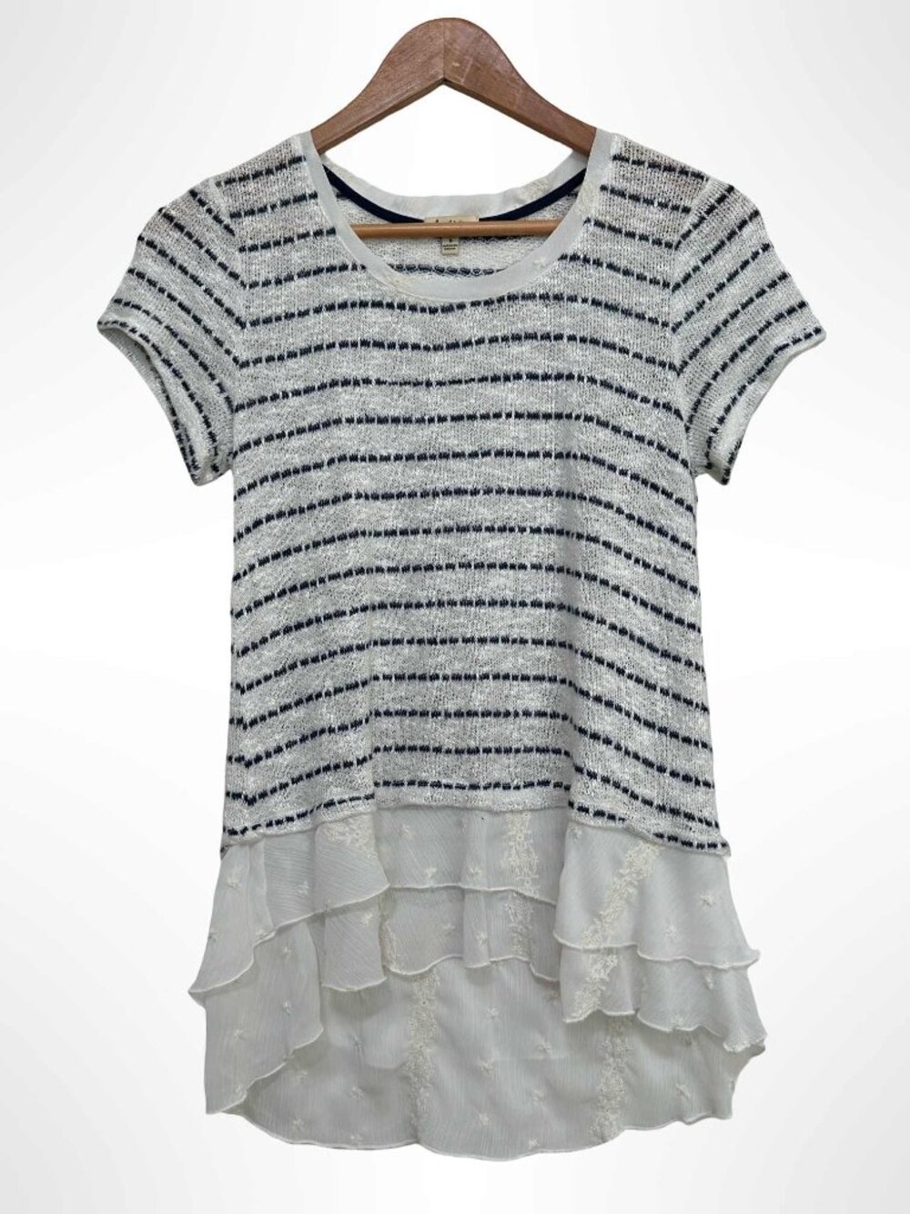 LILY WHITE Striped Tiered Chiffon Hem with Embroidery Top Navy Blue White Size S